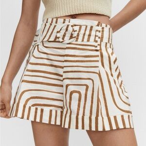 Mango Printed Shorts w/ Belt White Brown US 2 Small 100% Cotton